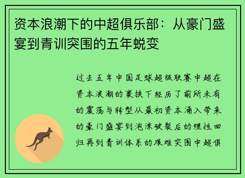 资本浪潮下的中超俱乐部：从豪门盛宴到青训突围的五年蜕变